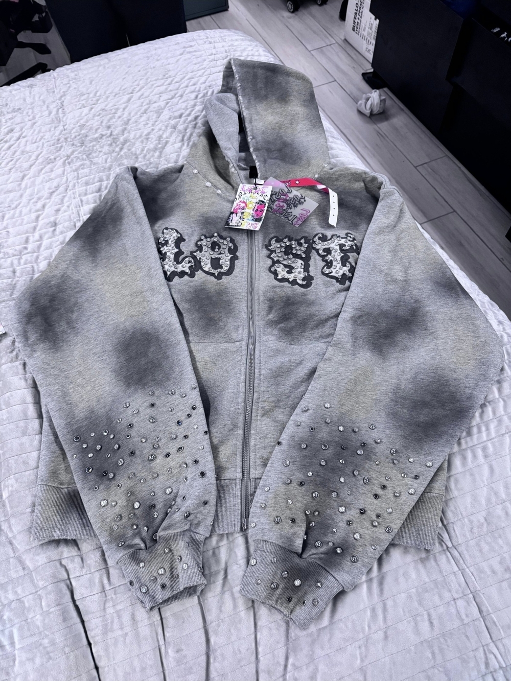 Lost intricacy Embellished Gray Zip-Up Hoodie with Crystal Accents